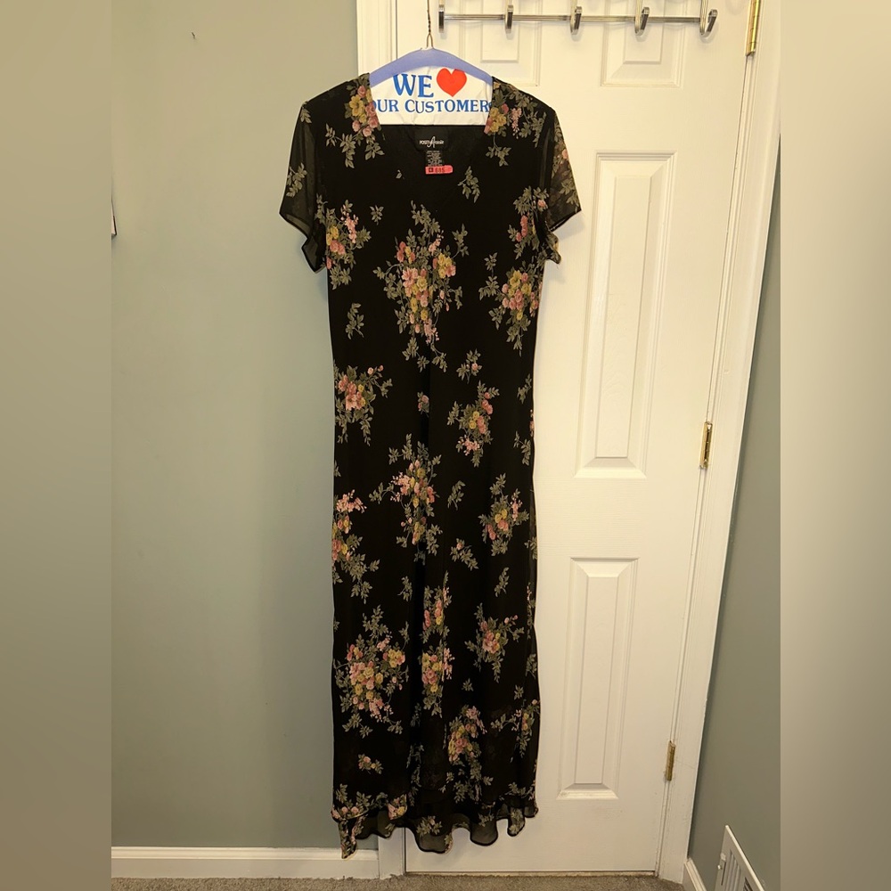 🖤🩷💚Positive Attitude Black Floral Maxi Dress w/ Pink & Green Bouquet Print. Sz14